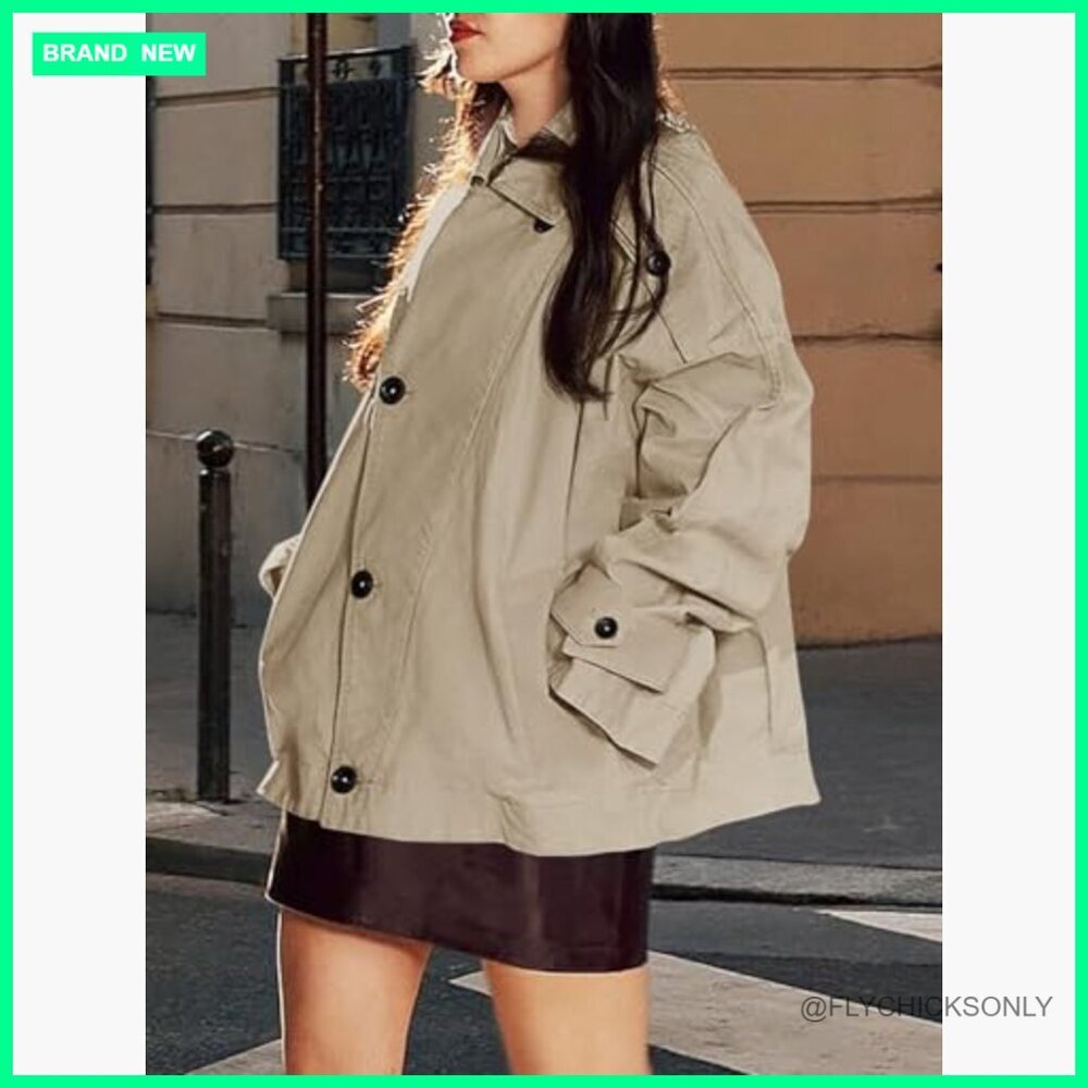 Oversized Trench Coat Single Breasted Lapel Polyester Casual Outerwear - Picture 5 of 7
